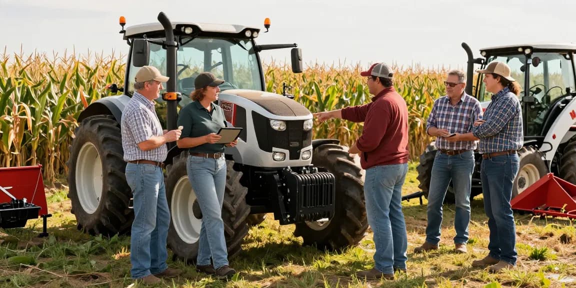 Farmers discussing farm equipment specifications on Aglist Canada in a sunny outdoor setting.