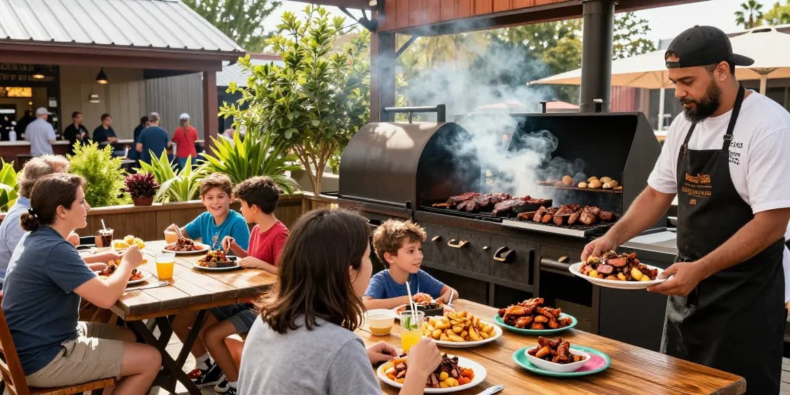 Delicious bbq food in Alberta enjoyed at a sunny BBQ restaurant with families.