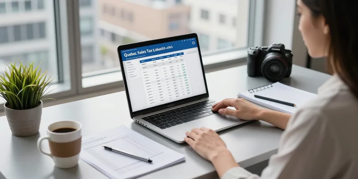 Using the Quebec sales tax calculator 2026 in a modern office workspace with documents and natural light.