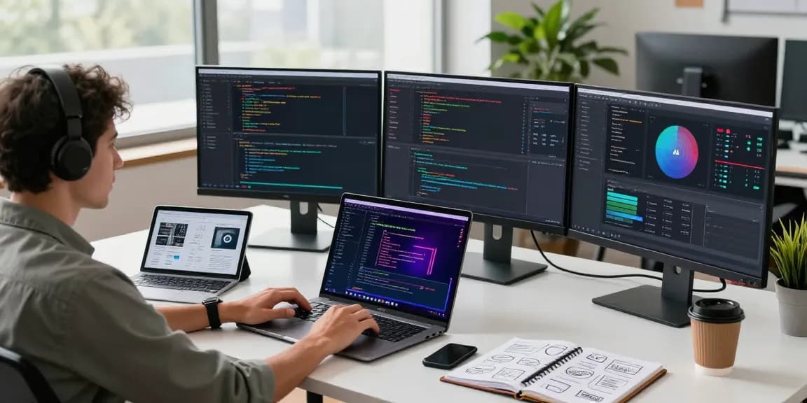 Developer working on an AI laptop in a modern workspace with vibrant code and design tools visible.