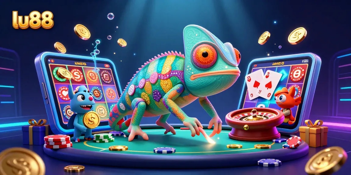 Witness the vibrant world of lu88 as a colorful chameleon catches golden coins in an exciting casino scene.