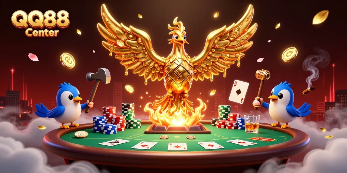 Play exciting casino games with QQ88 Center's vibrant, interactive 3D illustration featuring golden phoenix and poker elements.