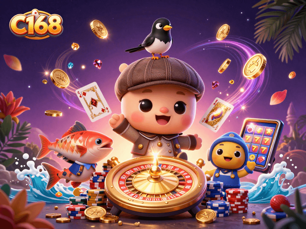 C168 brings the fun with a playful poker-themed scene of a cartoon baby Nessie among casino elements.