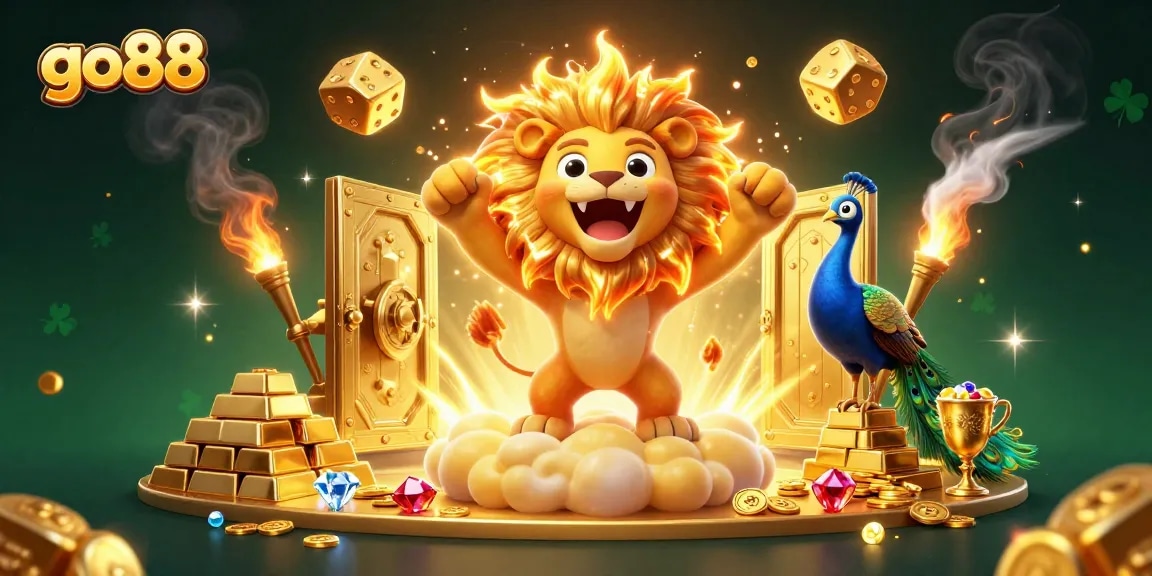 Win with go88 in a vibrant casino scene featuring golden treasures and lucky symbols
