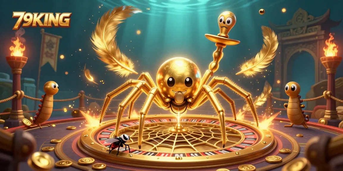79KING showcases a golden spider spinning a roulette web, engaging a fly in betting action amidst gold coins and vibrant elements.