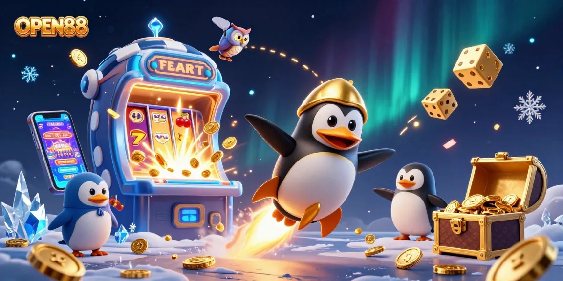 Experience the excitement of OPEN88 with a rocket-powered penguin in this vibrant casino illustration.