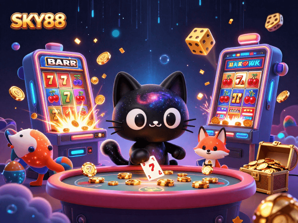 Engaging 3D illustration of SKY88 casino scene with cosmic characters and vibrant gaming elements.