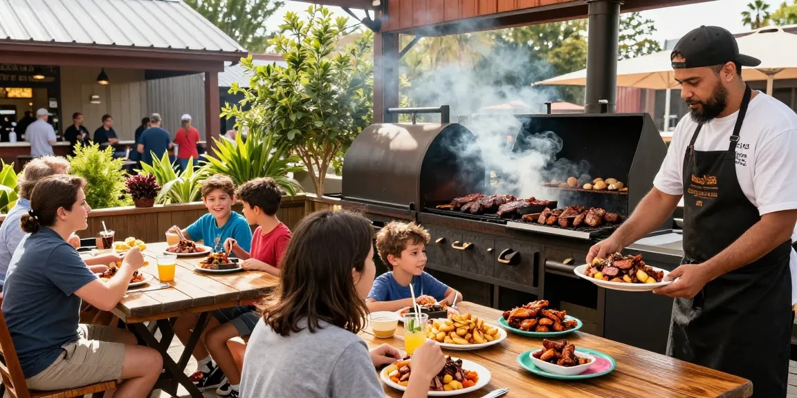 Delicious bbq food in Alberta enjoyed at a sunny BBQ restaurant with families.