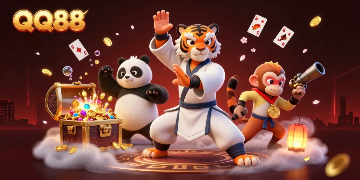 Engage with QQ88 through vibrant casino action featuring a kung fu tiger and playful elements.