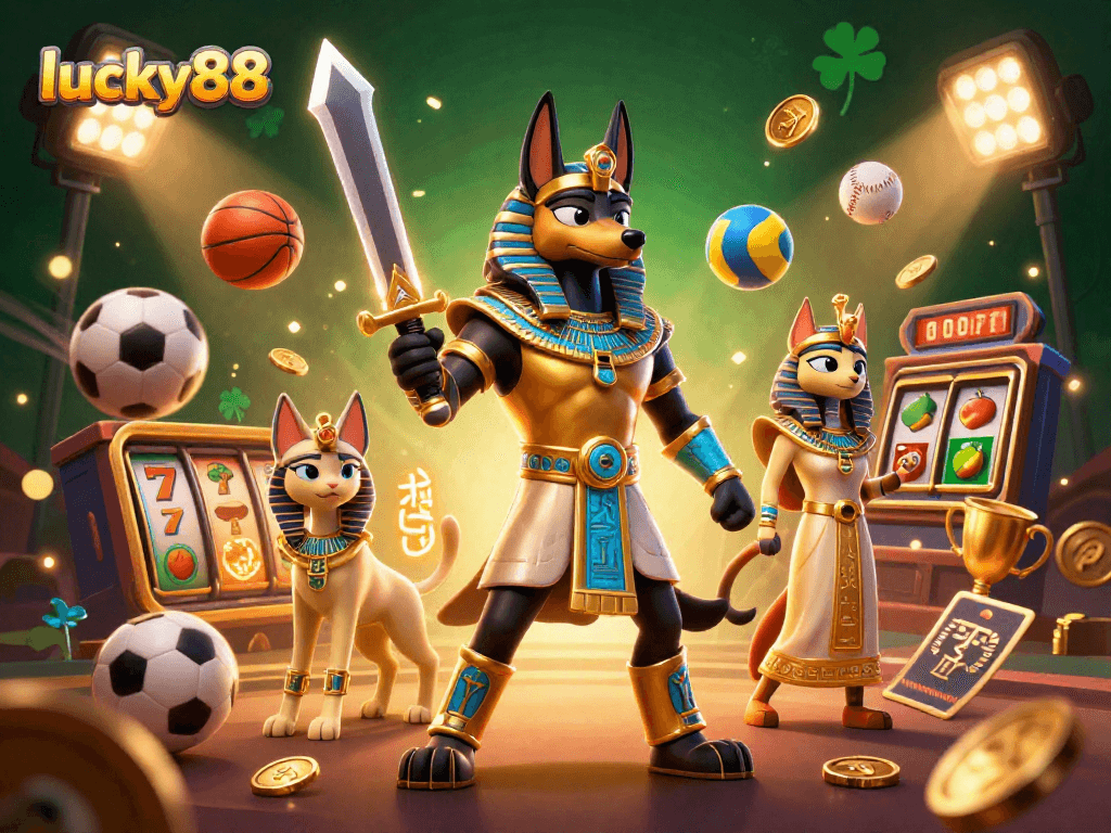 Engage with lucky88 in a vibrant casino scene featuring Anubis and Bastet surrounded by dynamic elements.
