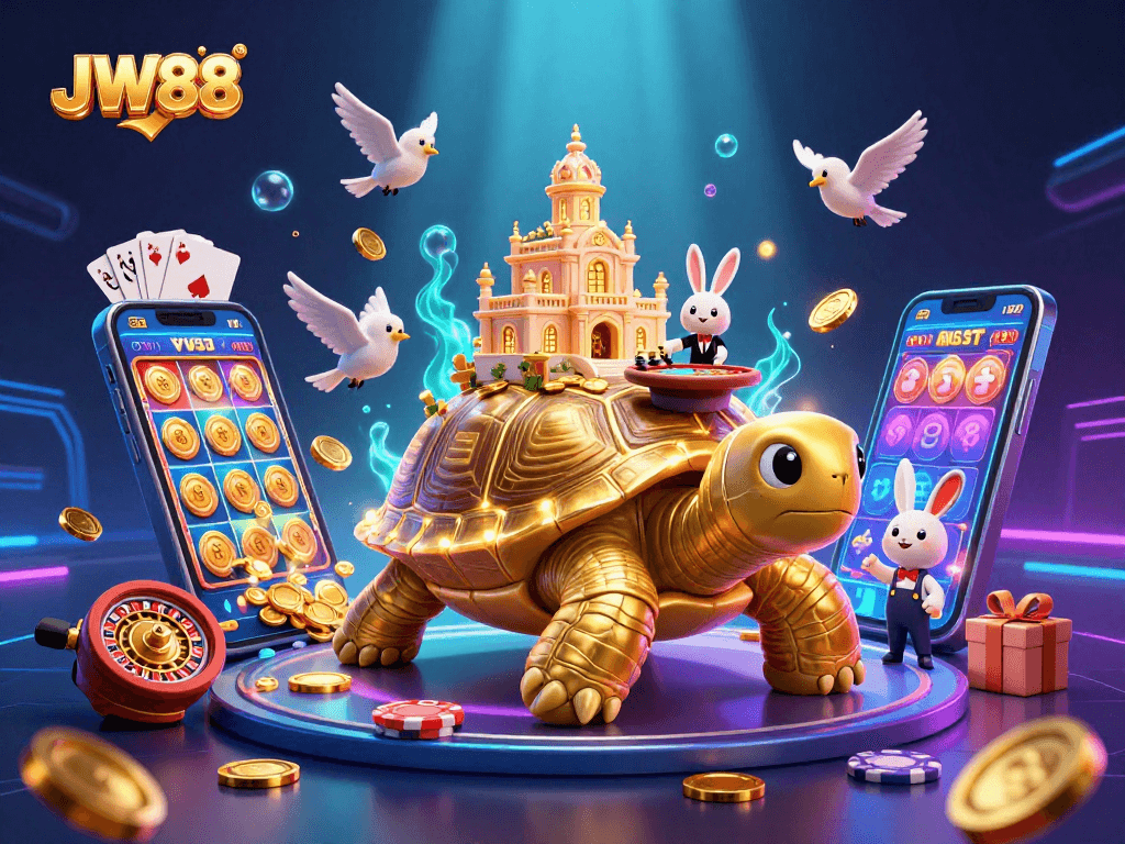Play slots and win at JW88 with animated golden tortoise and rabbit dealer in a vibrant casino scene