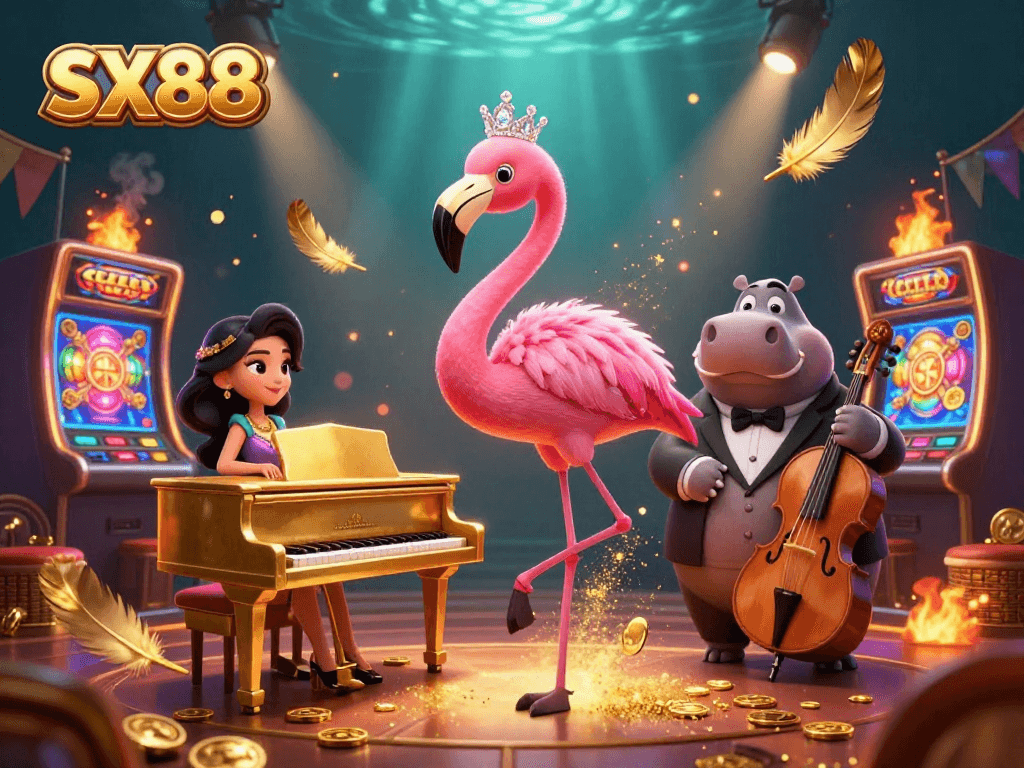 SX88 elevates casino gaming with stunning characters, golden slot machines, and dynamic ambiance.