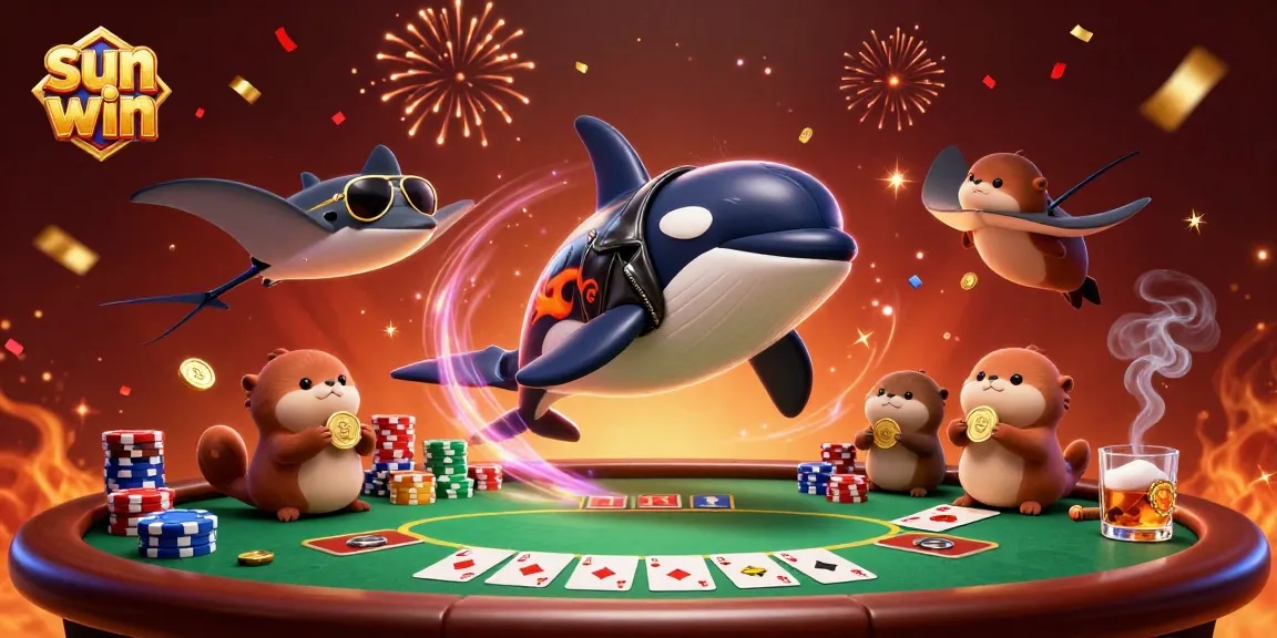 Experience the excitement of sun win as sea creatures celebrate at a lively poker table.