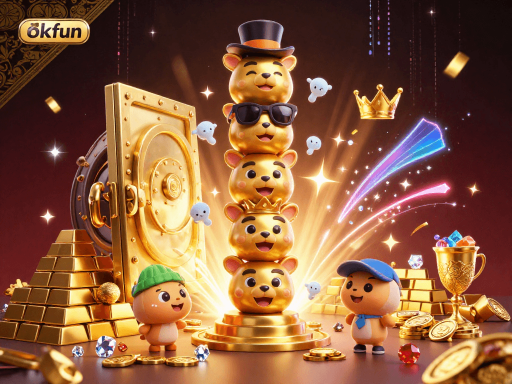 Experience high-stakes gaming with okfun at this vibrant 3D casino illustration filled with treasures.