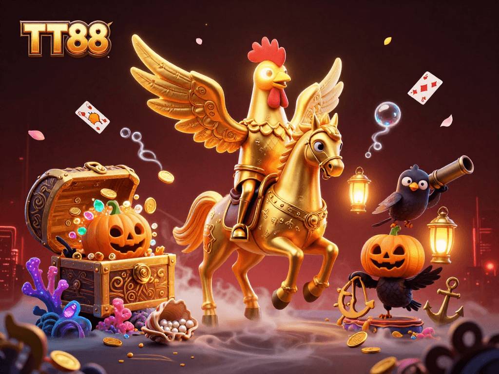 Experience thrilling TT88 gaming with vivid casino elements and characters in a dynamic illustration.