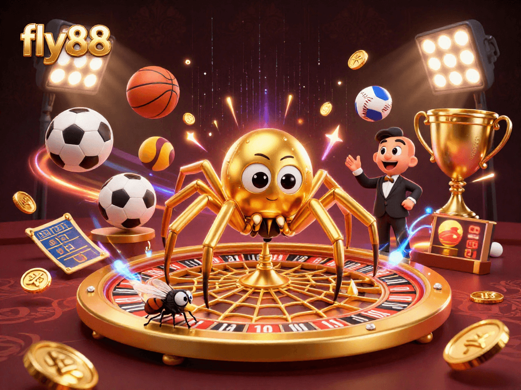 Fly88 immerses gamers in a dynamic betting scene with a spider web roulette, croupier, and sports elements.