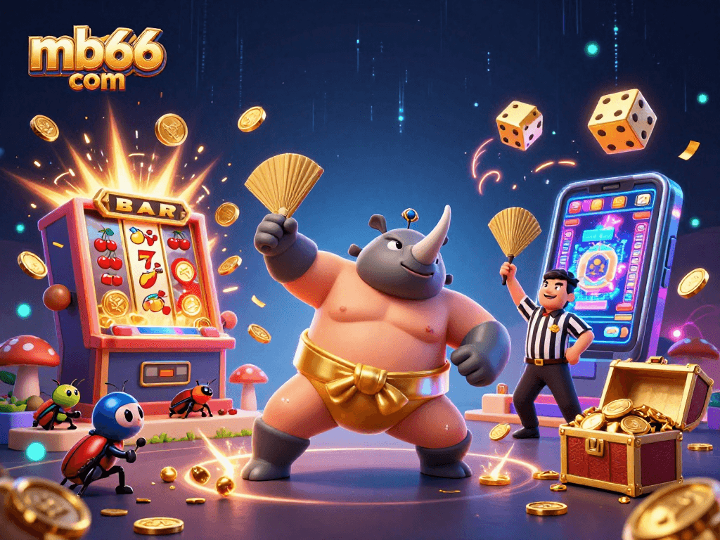 Engage with mb66 com's thrilling casino games in an exciting illustration featuring dynamic characters.