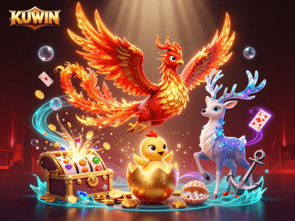 KUWIN, win big in a vivid casino scene with a majestic phoenix and treasure.