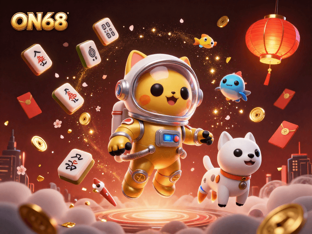 Experience ON68 with a cosmic twist, featuring an astronaut cat and robot dog in a vibrant casino-themed galaxy.