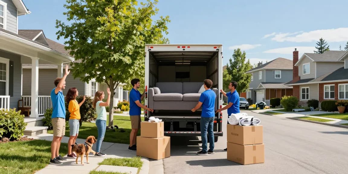 Calgary movers assisting a family during a move with a friendly atmosphere and organized moving materials.
