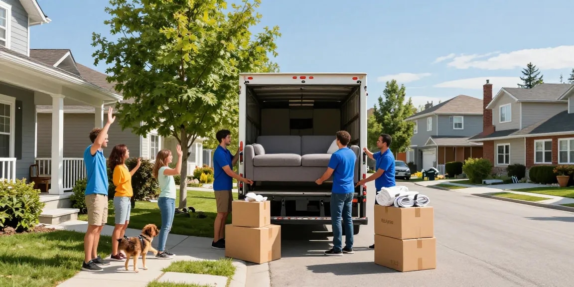 Calgary movers assisting a family during a move with a friendly atmosphere and organized moving materials.