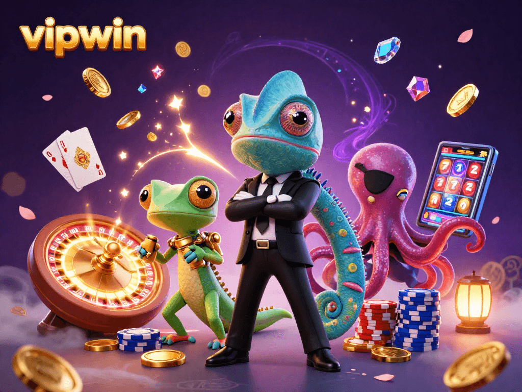 Experience thrilling gaming action with vipwin's vibrant casino scene featuring dynamic characters and game elements.