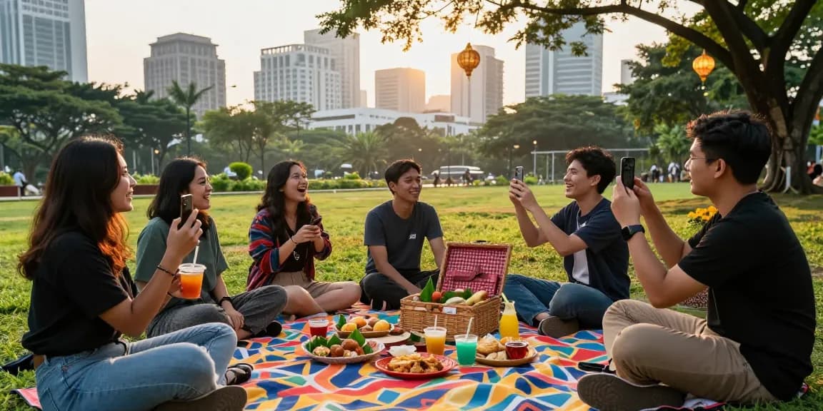 Friends enjoying a lively picnic in Jakarta with traditional snacks, embodying the spirit of tisu4d in the city's vibrant atmosphere.