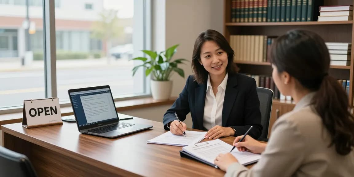 Brampton notary public assisting a client in a professional office setting with legal documents.
