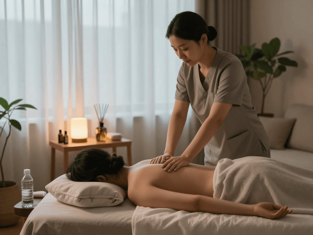 Experience a soothing 부천출장마사지 in a tranquil home setting with essential oils and calming ambiance.