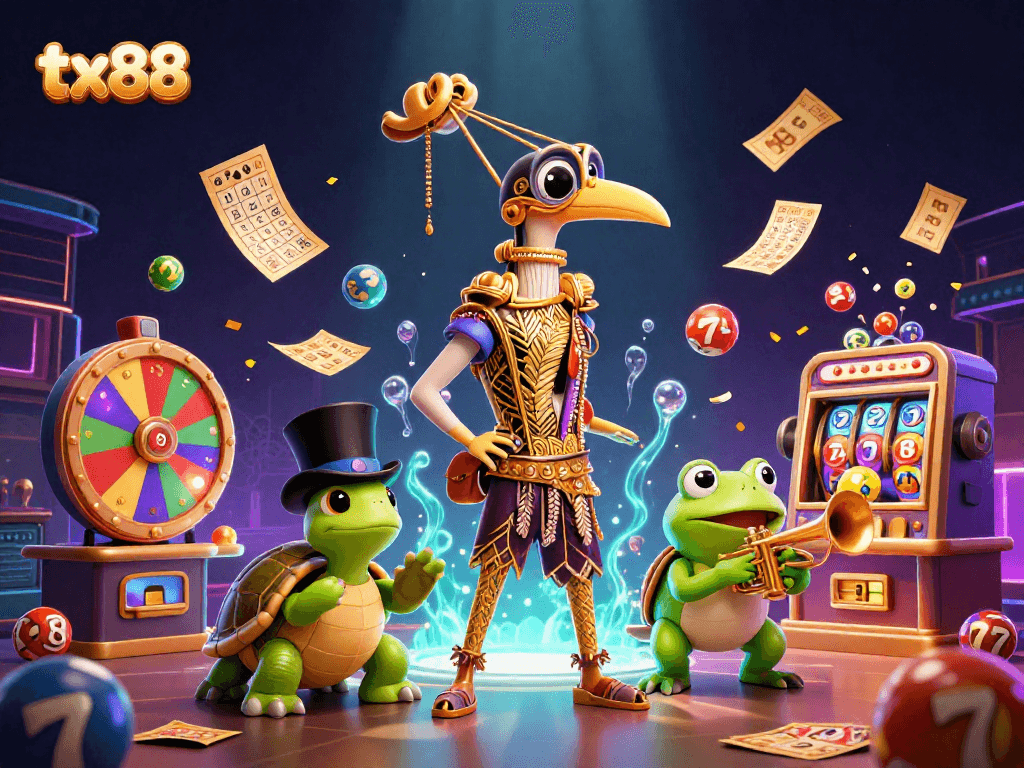 Experience dynamic gaming with tx88 featuring colorful lottery balls and engaging casino characters.