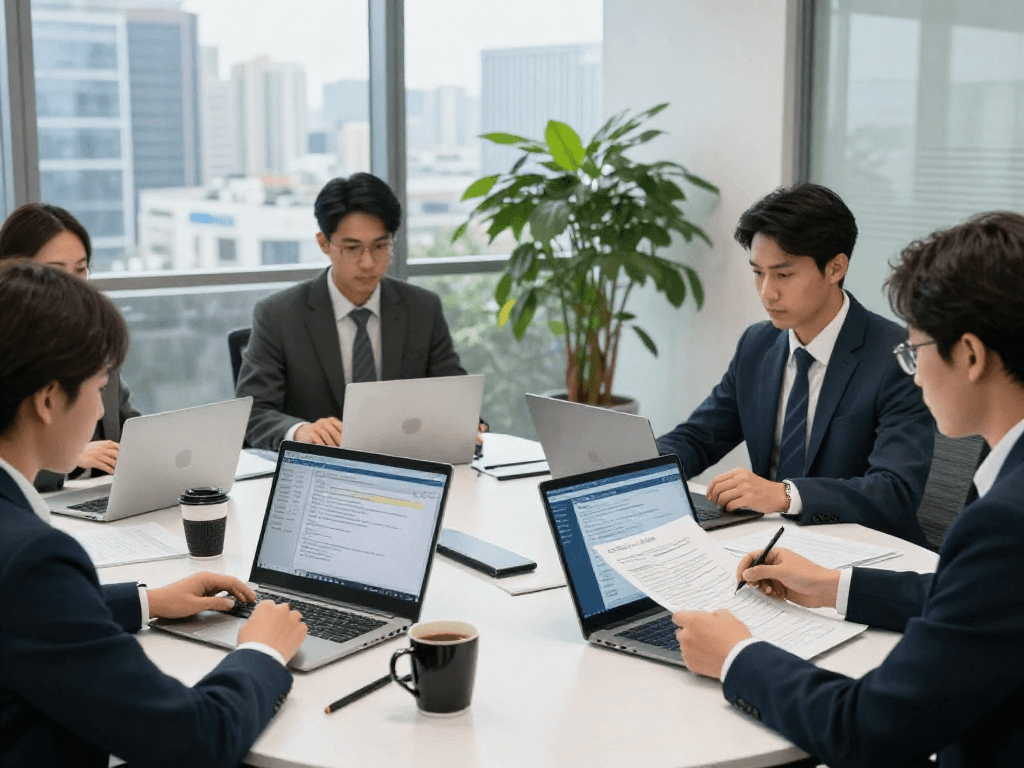 Team engaging in document fraud detection analysis in a modern office setting.