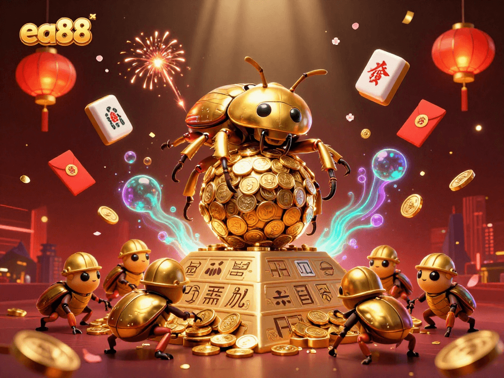 Experience excitement at ea88 with a vibrant, dynamic Thai-themed casino illustration showcasing golden fortunes and rich cultural elements.