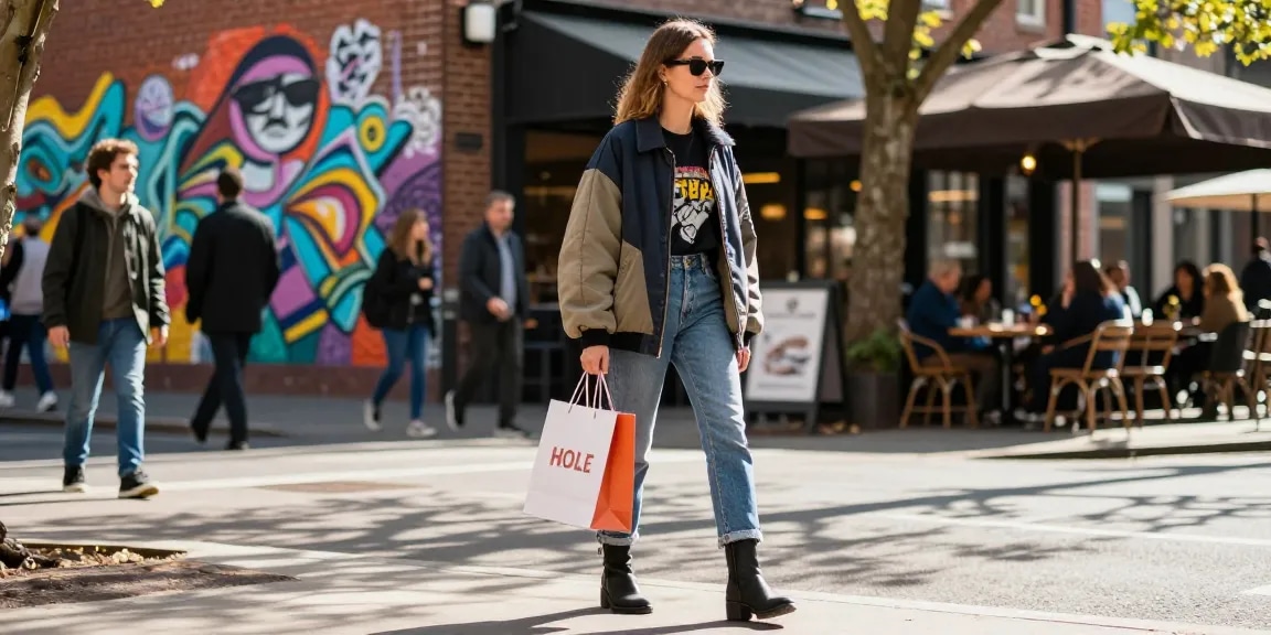 Jaklin Dalir showcasing trendy urban fashion on a vibrant city street