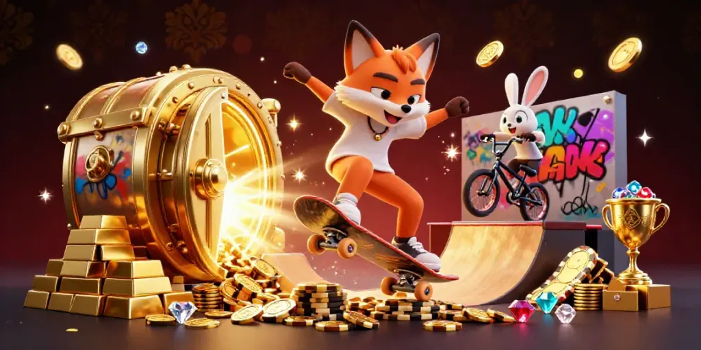 Engage with B52CLUB through a vibrant illustration of a skateboarder fox and a BMX rabbit amid casino treasures.