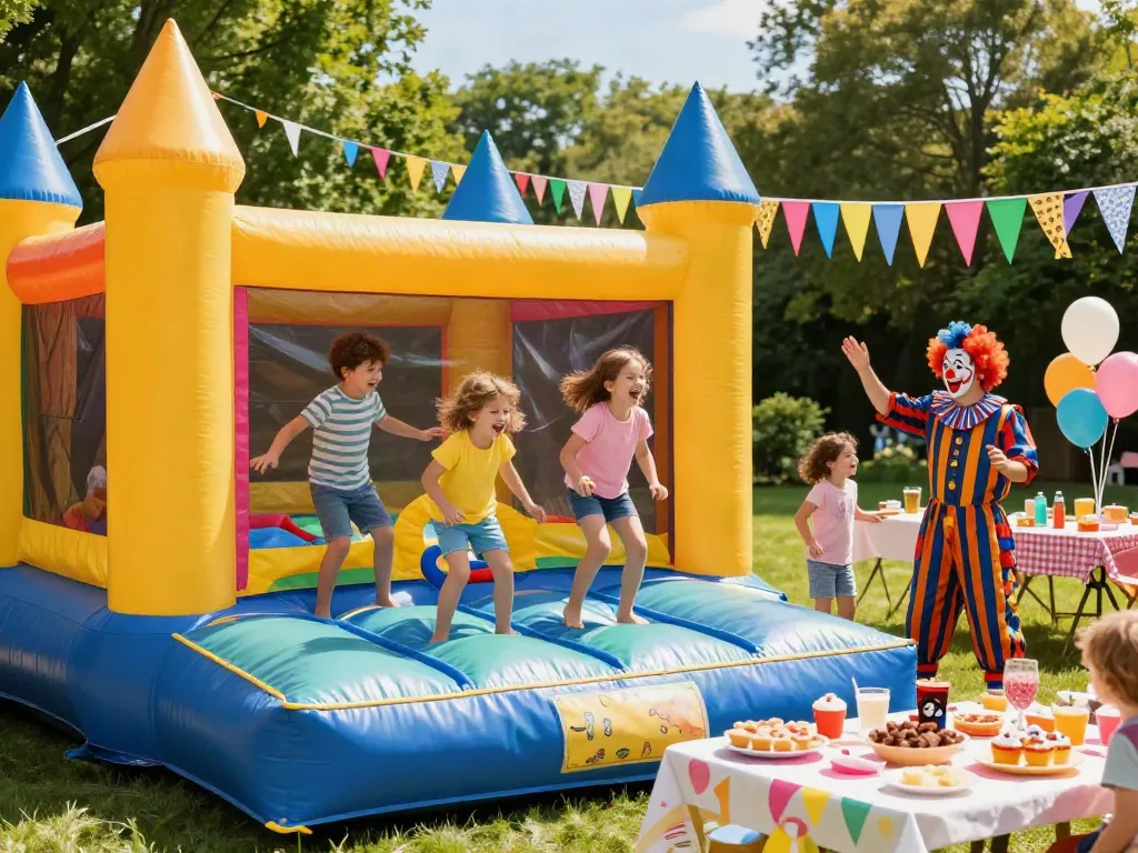Children enjoying a colorful bounce castle at a joyful birthday party, surrounded by festive decorations and laughter.