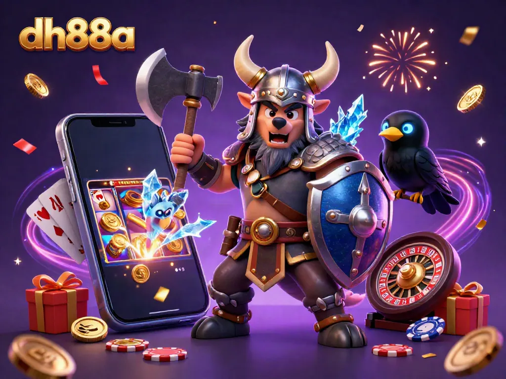 Experience vibrant gameplay excitement at dh88a with a Viking warrior, dragon, and casino elements.
