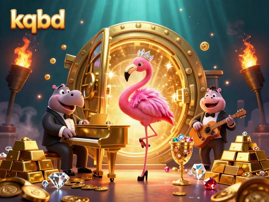 Experience kqbd in a vibrant 3D casino scene featuring a flamboyant flamingo singer and hippo bassist.