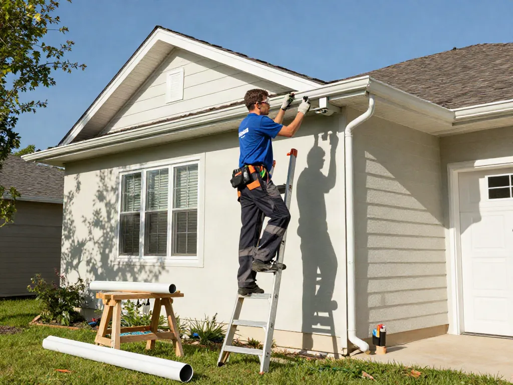 Spokane gutter company technician installing seamless gutters on suburban home, showcasing quality workmanship.
