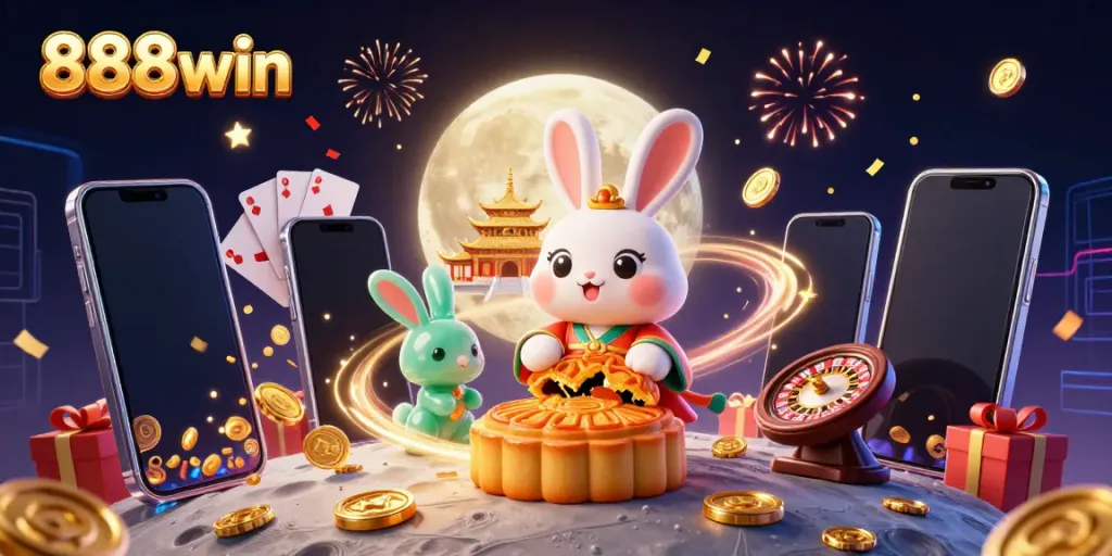 Experience the magic of casino games with 888win, featuring a rabbit pounding mooncakes and poker chips on the moon.