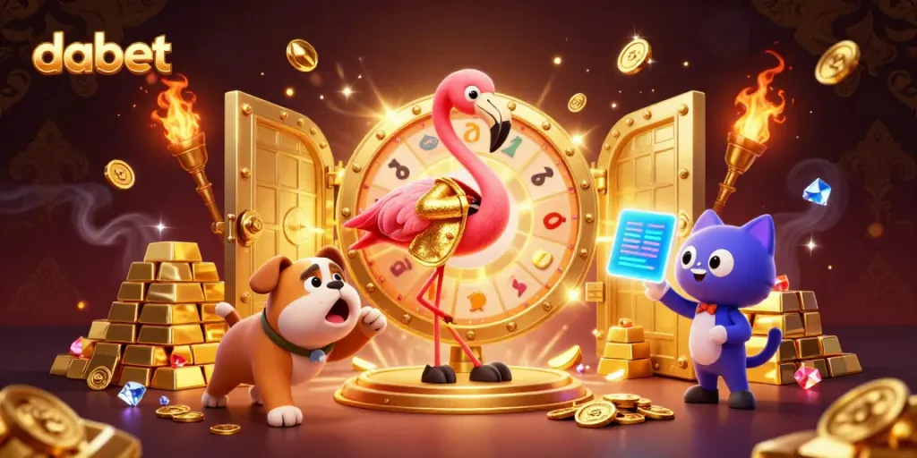 DABET showcases exciting gambling with a flamingo host, bulldog contestant, and prize scoreboard in a vibrant casino scene.