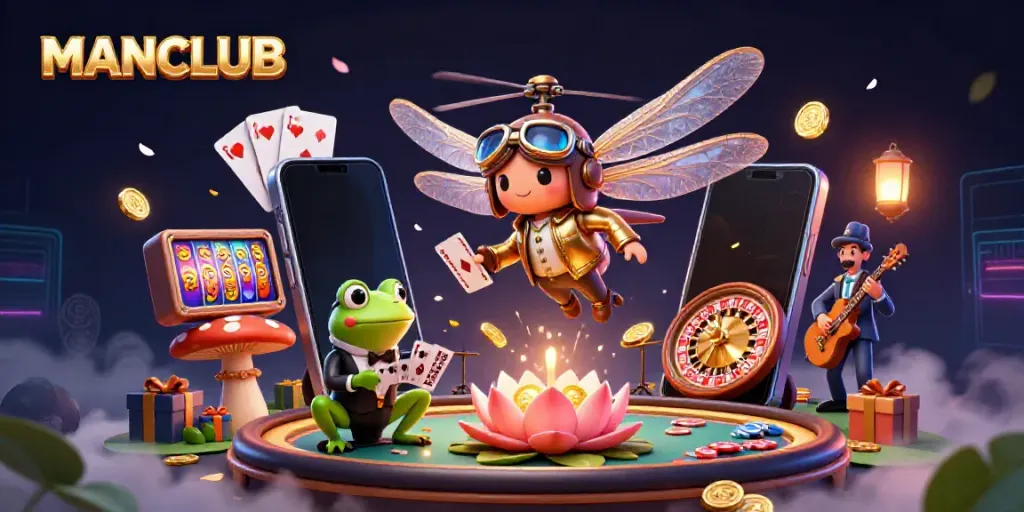 Engage with MANCLUB's vibrant casino atmosphere, featuring a dragonfly pilot and frog croupier.