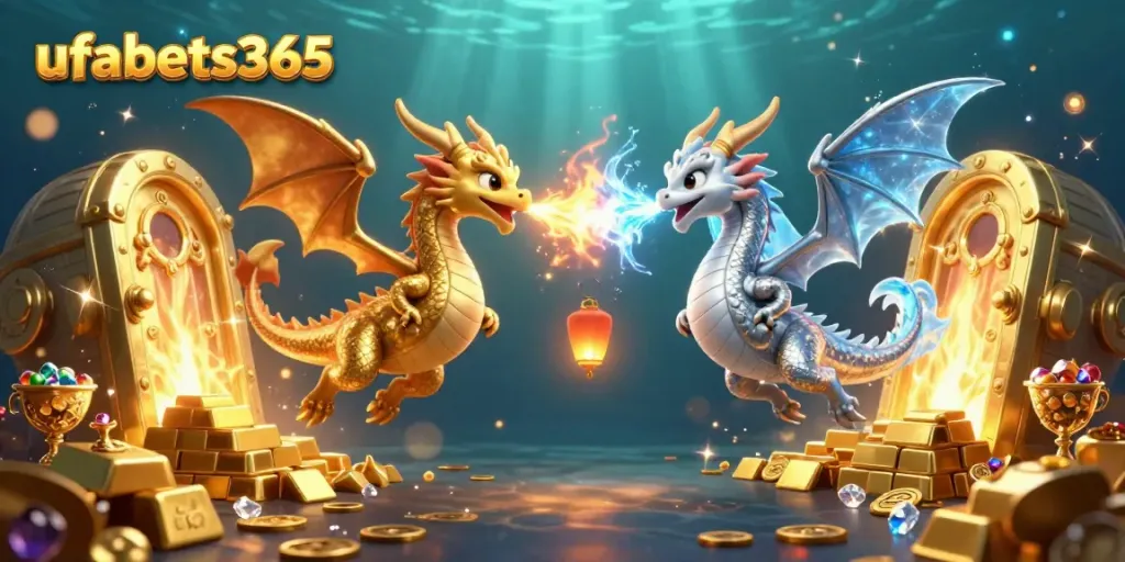 Experience the excitement of ufabets365 with this vibrant illustration showcasing dragons and treasures.