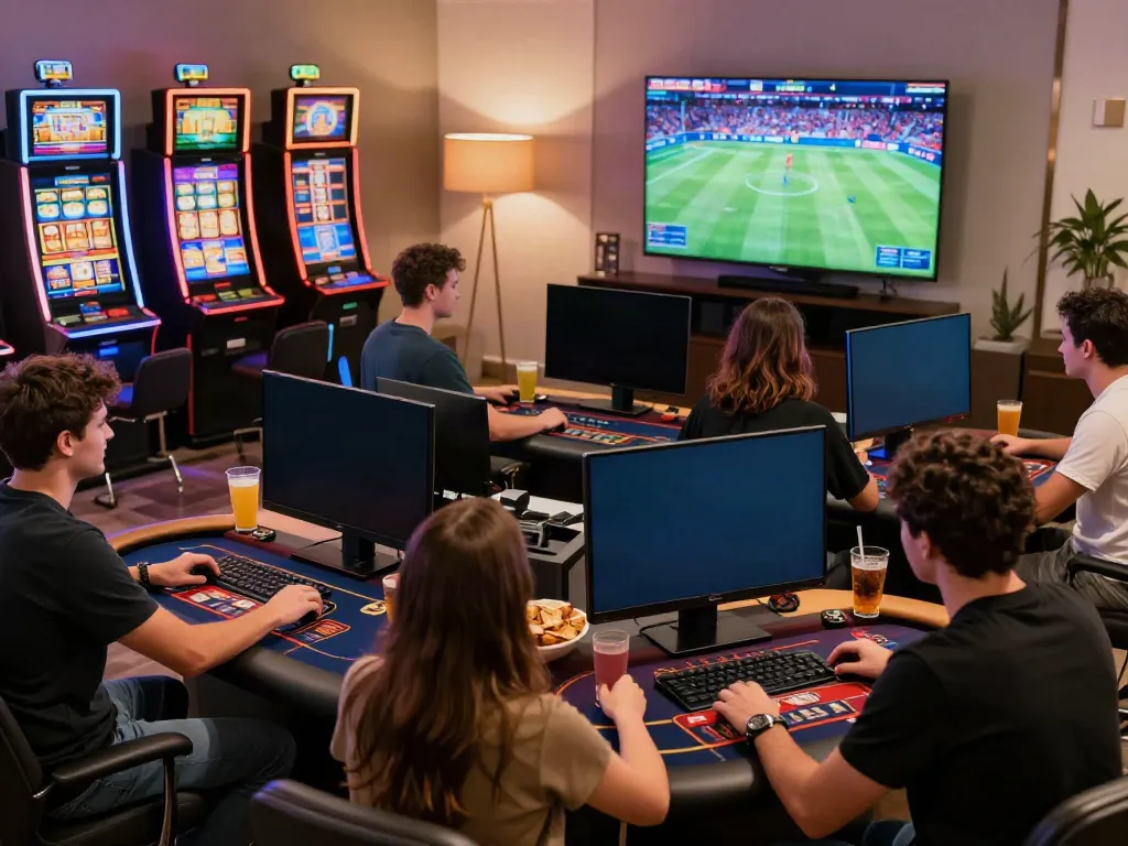 Players enjoying online games on https://sky88tg.com/ in a vibrant home gaming setup, highlighting various casino games.