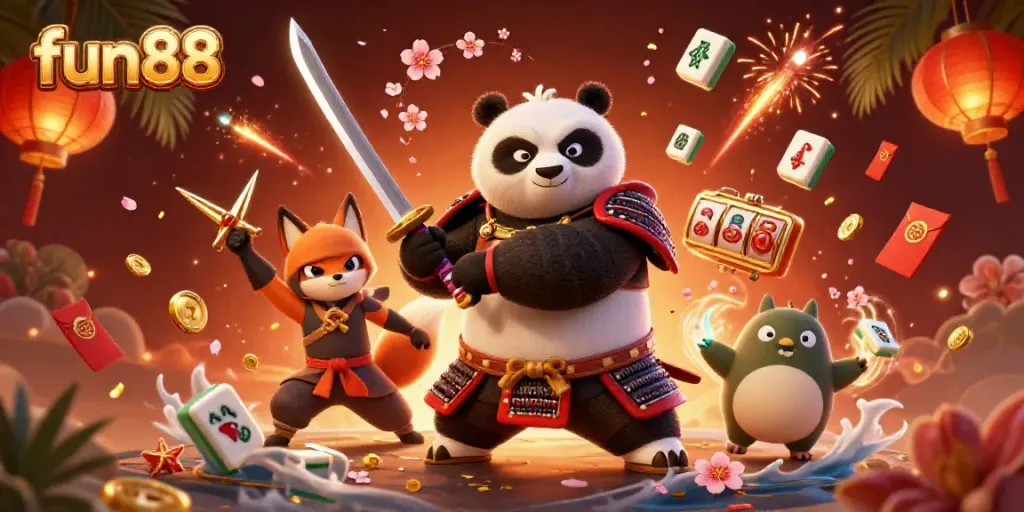 Experience excitement with fun88's vibrant 3D illustration of a samurai panda and ninja fox in a casino setting.