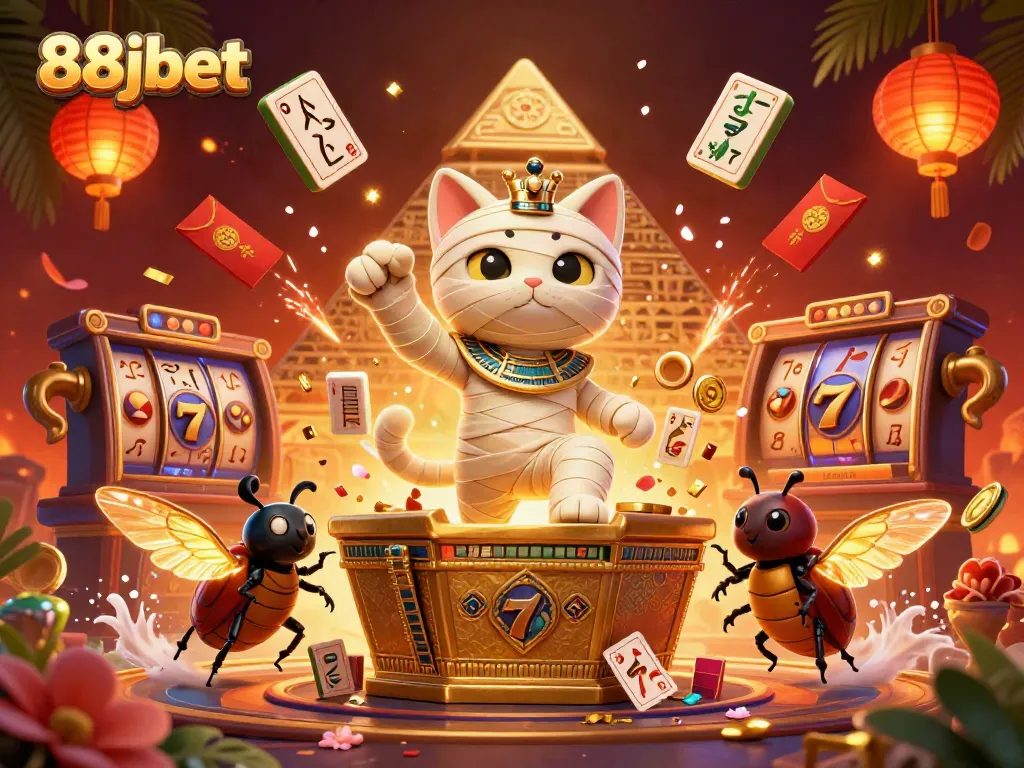 Engage in winning strategies at 88jbet with a vibrant casino illustration showcasing lucky symbols and characters.
