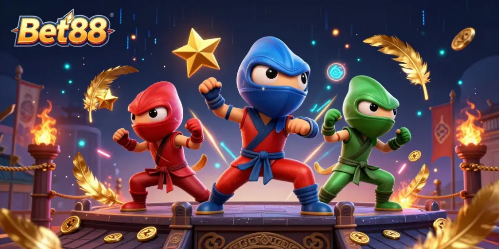 Engage with the exciting world of Bet88 where a dynamic ninja chameleon team showcases their martial arts skills amidst dazzling casino elements.