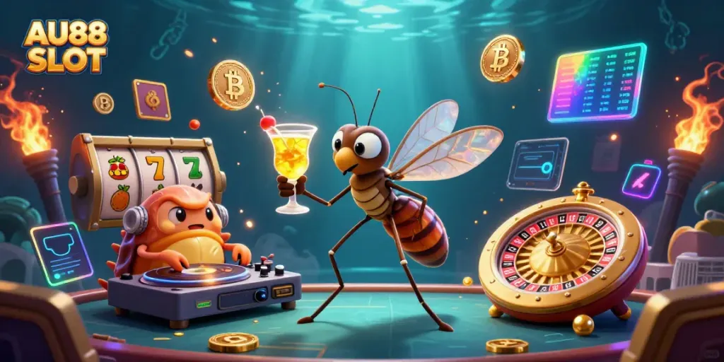 Engage in AU88 SLOT action with a lively frozen mosquito mascot, trilobite DJ, and golden roulette wheel in a vibrant casino scene.