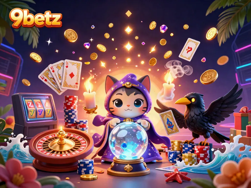 Experience thrilling gameplay with 9betz as the mystic cat fortune teller, a tarot-card raven, and gaming elements come alive.