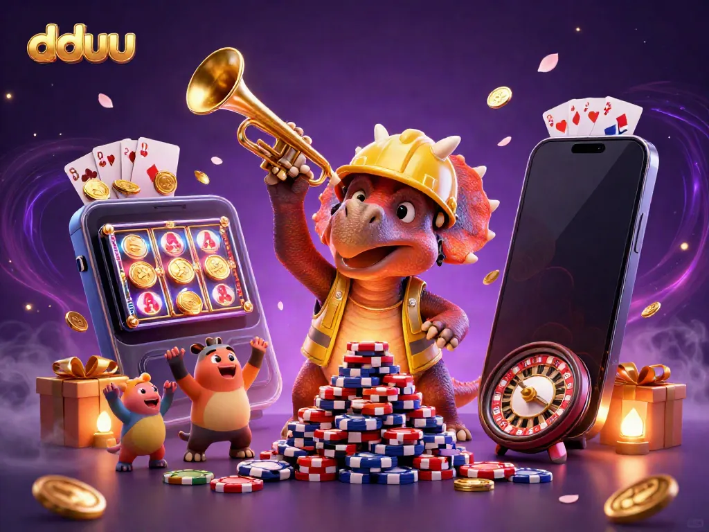 Celebrate wins at dduu with vibrant 3D illustration of cartoon dinosaurs enjoying casino games.