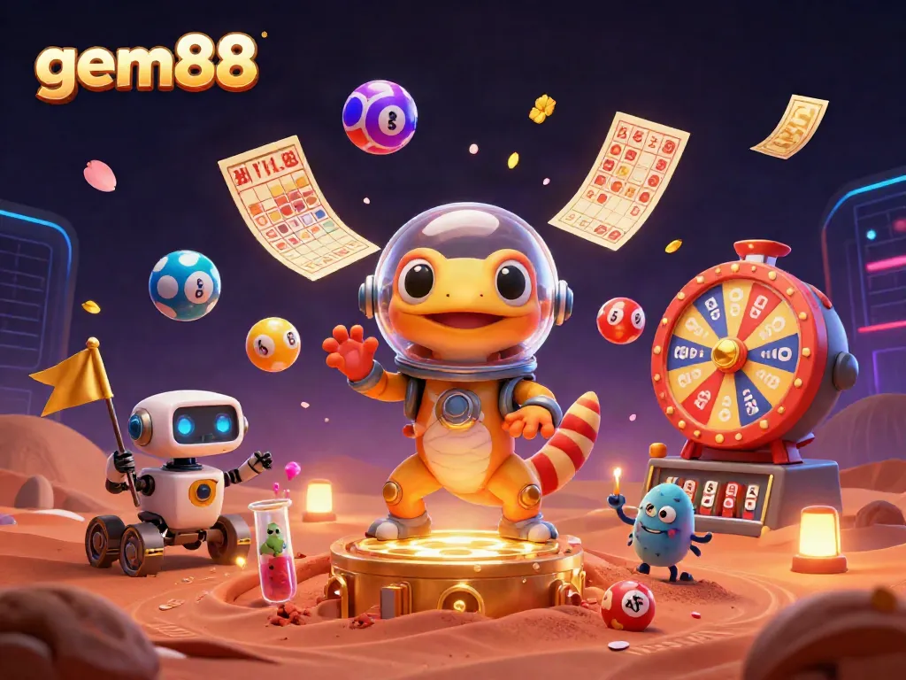 Experience gem88's vibrant Martian casino adventure with engaging elements like golden tickets and spinning wheels.